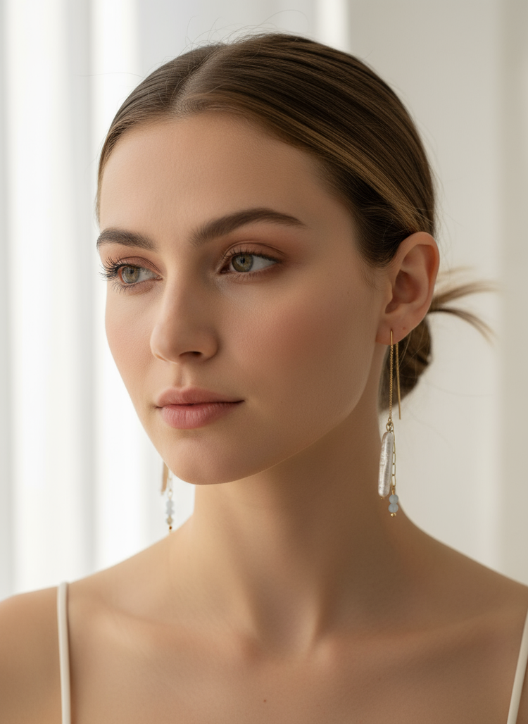 Earring Threads with Pearl & Aquamarine
