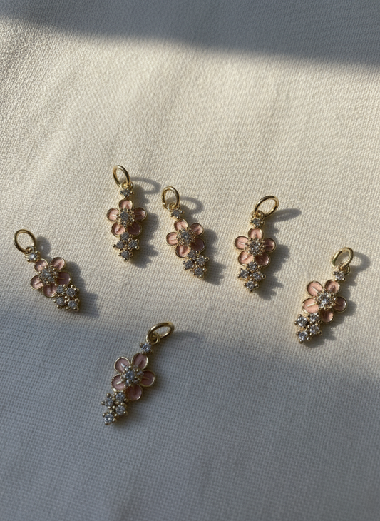 Mini Gold & Pink Zirconia Sakura Flower Charm