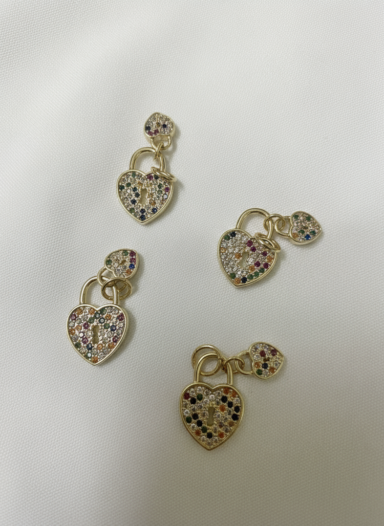 Gold Multi Colored Pendent Heart Lock Charm With Mini Heart Attached