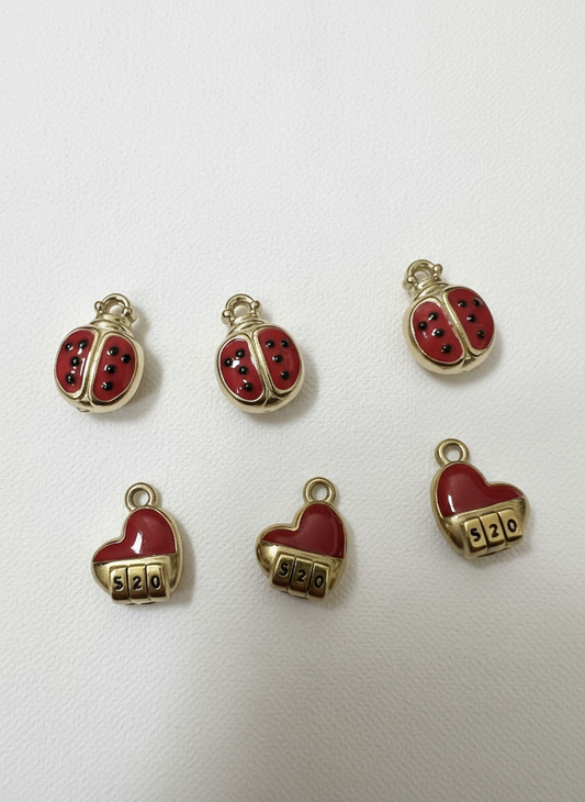 Mini Gold and Red Ladybug and Heart Charms