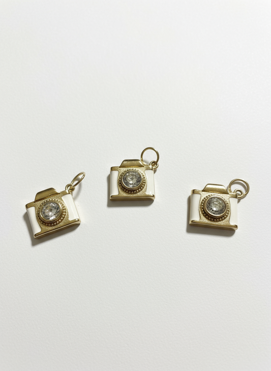 Gold and White Enamel Camera Charm