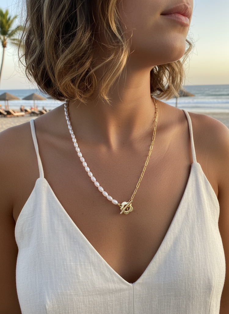Freshwater Pearl & Paperclip Necklace with Flower Tuggle