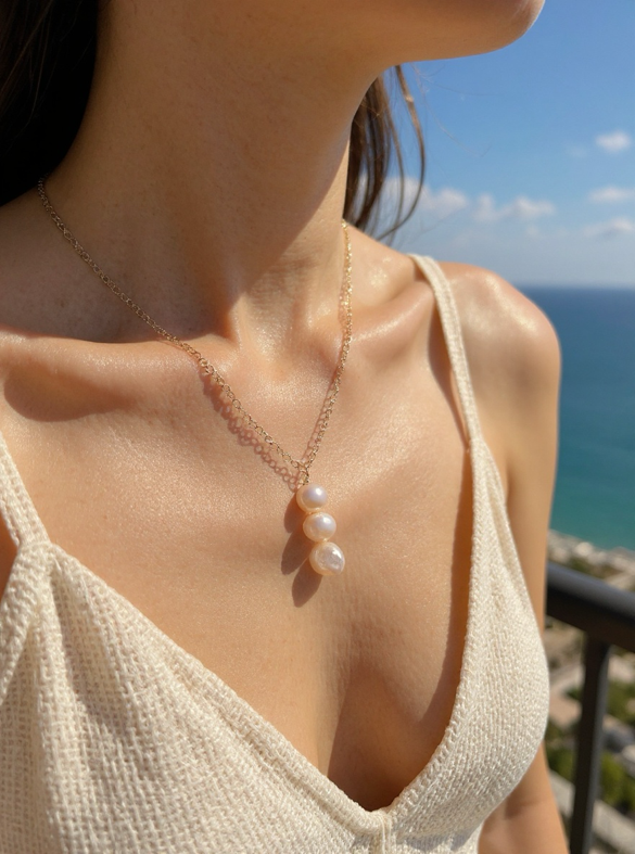 14k Gold Filled Necklace With Three Pink Freshwater Pearls