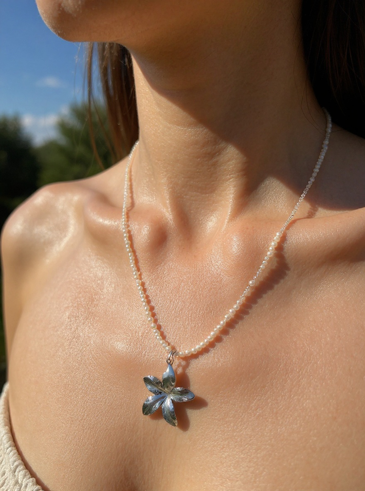 Handmade 2mm Freshwater Pearl Necklace with Silver Flower Charm