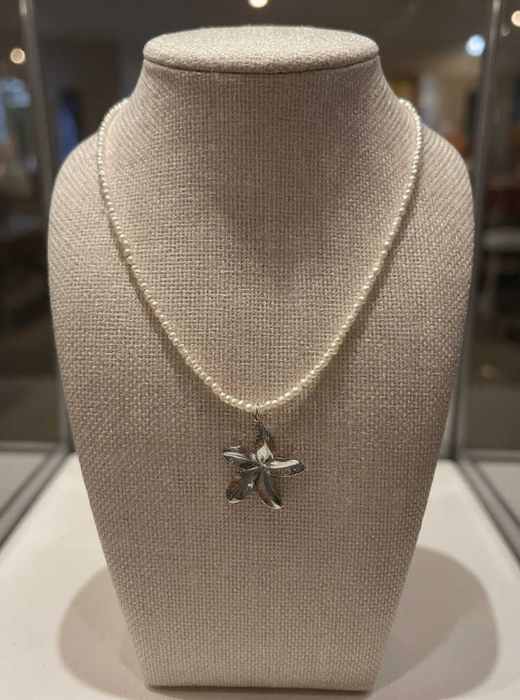 Handmade 2mm Freshwater Pearl Necklace with Silver Flower Charm
