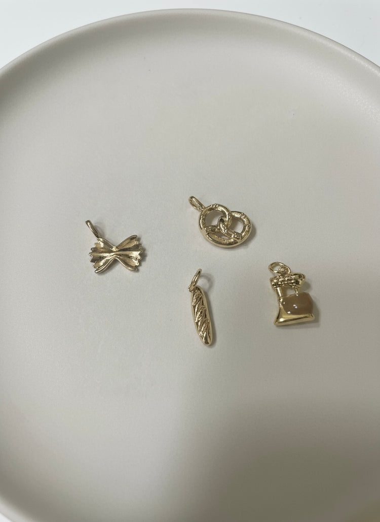 Food Charms - Pasta Charm, Bread Charm, Pretzel Charm, Brass Enamel Mixer Charm