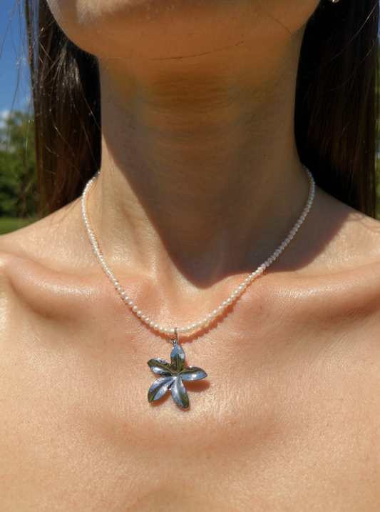 Handmade 2mm Freshwater Pearl Necklace with Silver Flower Charm