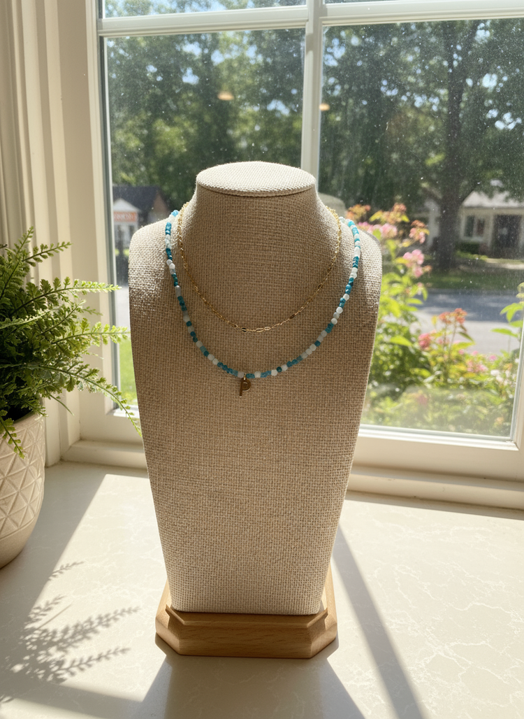 Handmade Blue and White Quartz Initial Necklace